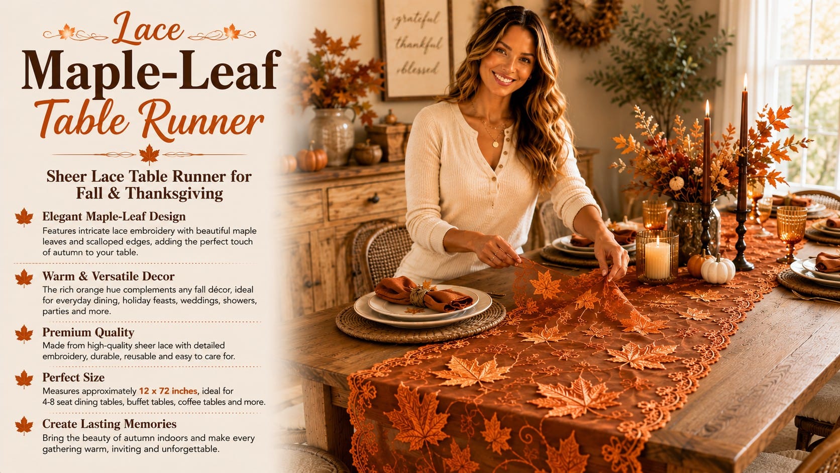 The Maple Leaves Orange Lace Table Runner: Elegant Fall for $9 Maple leaves orange lace table runner in brown on a farmhouse fall table — lace table runner fall