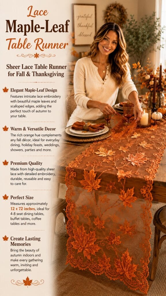 The Maple Leaves Orange Lace Table Runner: Elegant Fall for $9 Maple leaves orange lace table runner in brown on a farmhouse fall table — lace table runner fall