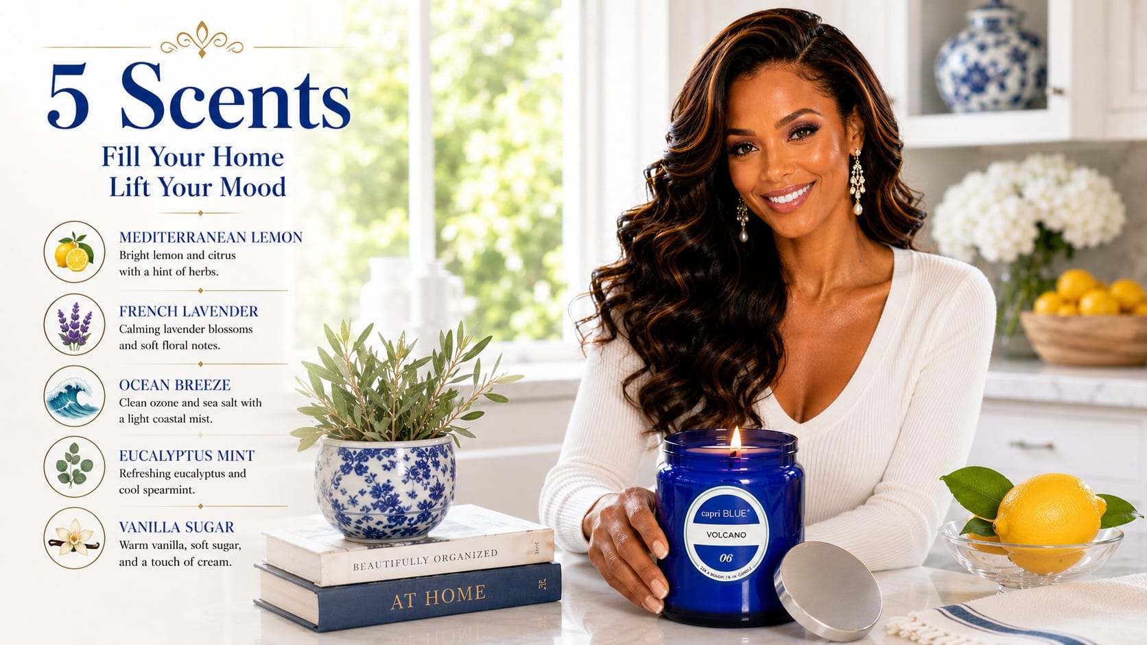 Capri Blue Volcano candle in its signature cobalt-blue glass jar with silver lid on a marble counter with lemons