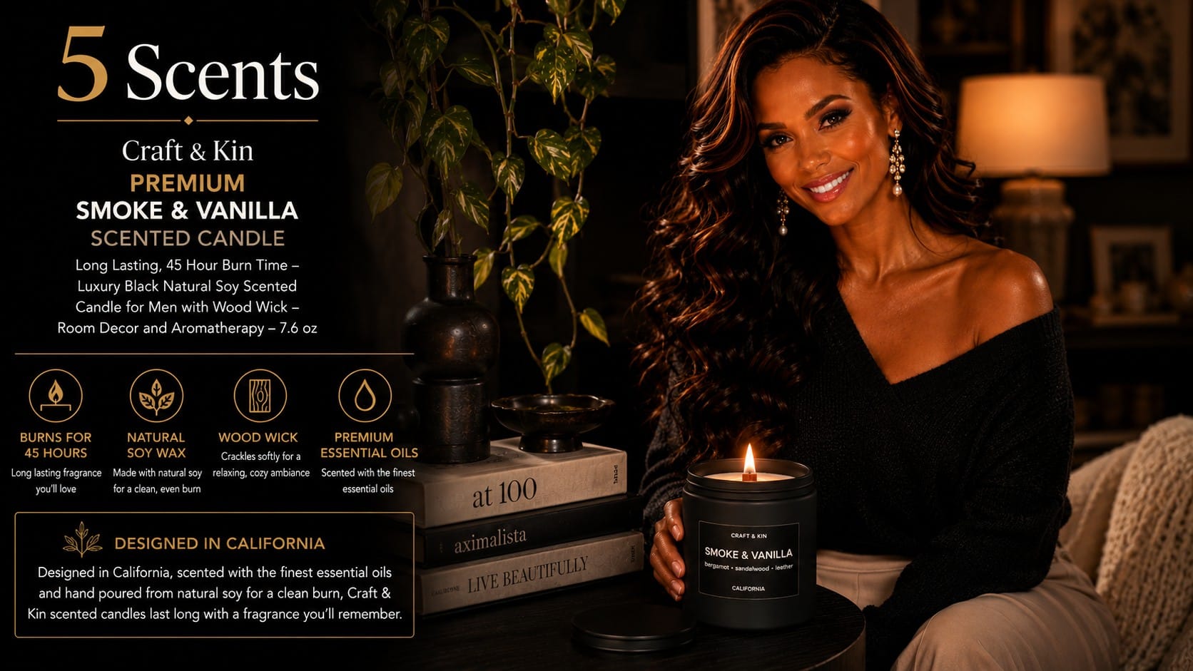 The Craft & Kin Smoke & Vanilla Candle: The Dark, Crackling One Men Actually Want Craft & Kin Smoke & Vanilla candle in a matte-black jar with a lit crackling wood wick on a dark moody side table