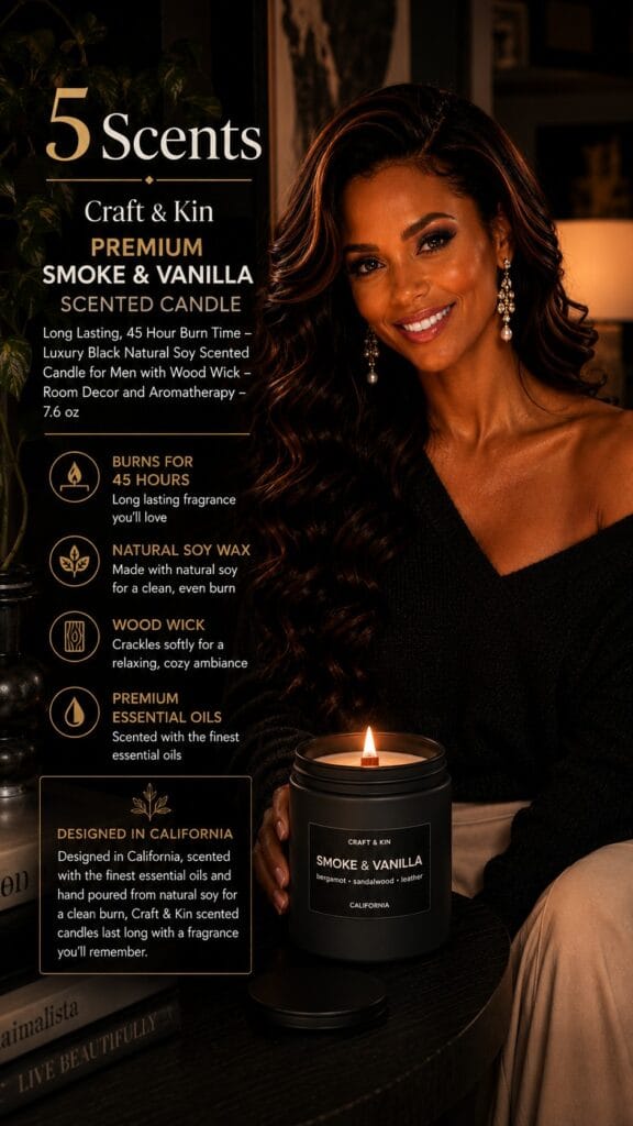 The Craft & Kin Smoke & Vanilla Candle: The Dark, Crackling One Men Actually Want Craft & Kin Smoke & Vanilla candle in a matte-black jar with a lit crackling wood wick on a dark moody side table