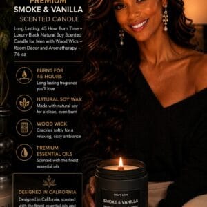 Craft & Kin Smoke & Vanilla soy candle in a sleek black jar with a crackling wood wick