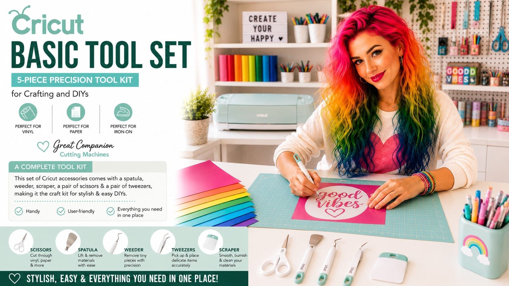 Cricut Basic Tool Set in mint, showing the weeder, scraper, spatula, micro-tip scissors and reverse-grip tweezers