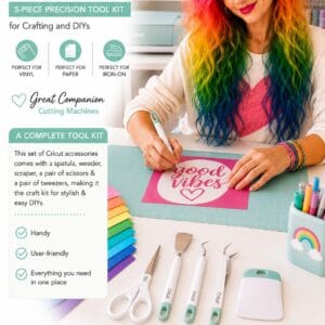 Cricut Basic Tool Set in mint with weeder, scraper, spatula, tweezers, and micro-tip scissors