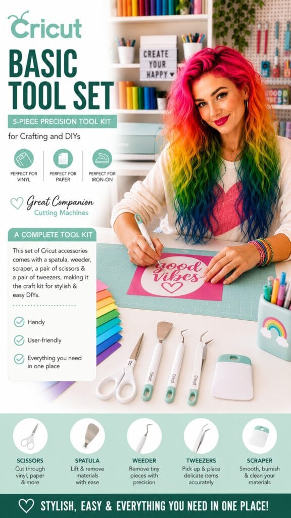 Cricut Basic Tool Set in mint with weeder, scraper, spatula, tweezers, and micro-tip scissors