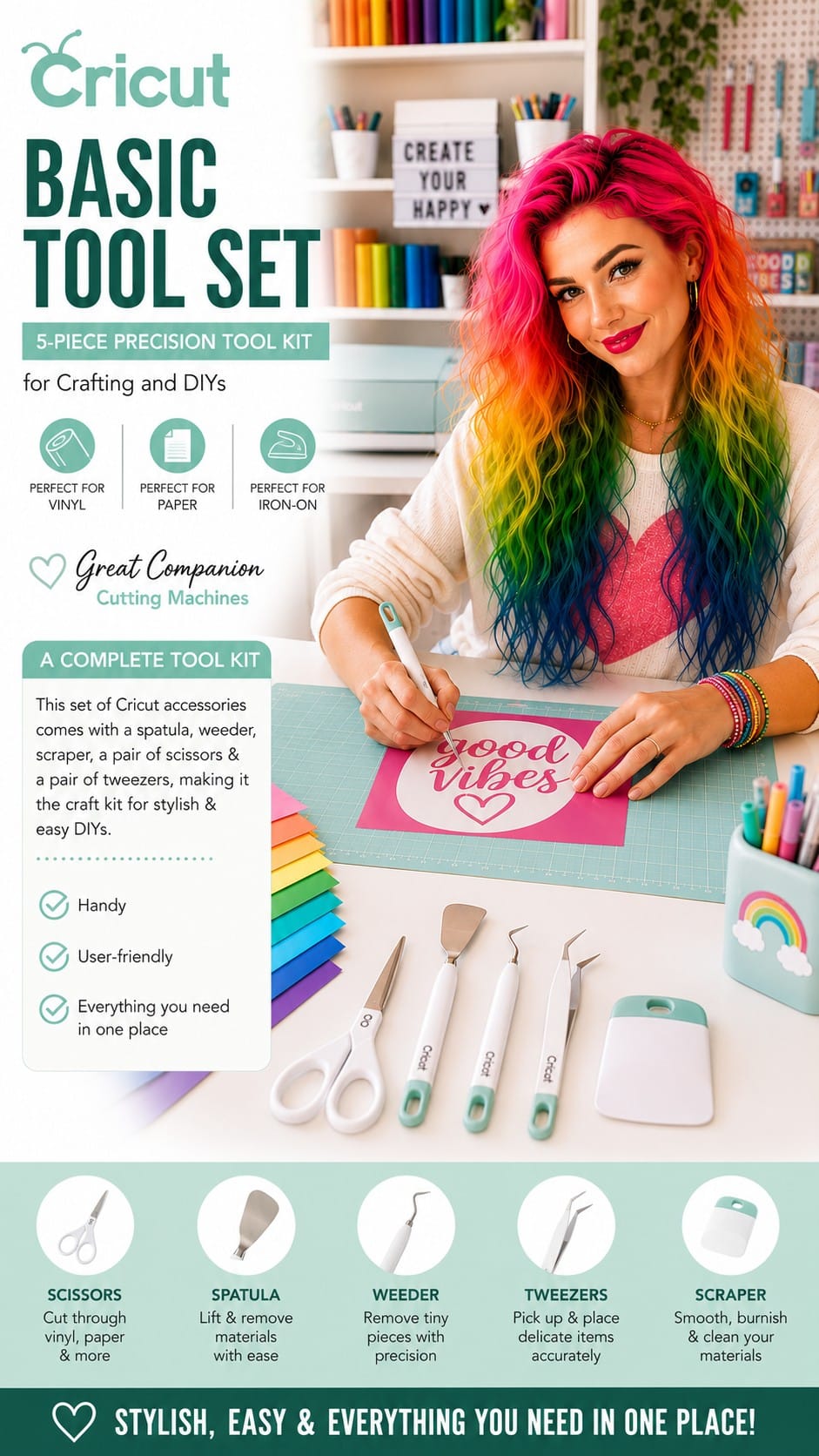 Cricut Basic Tool Set, 5-Piece Precision Craft Kit, Mint Cricut Basic Tool Set in mint with weeder, scraper, spatula, tweezers, and micro-tip scissors