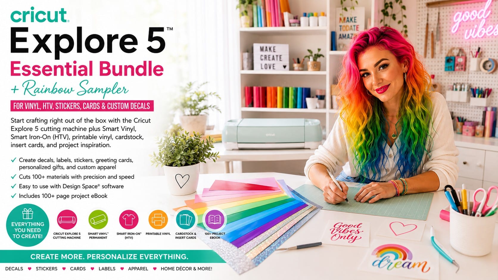 Cricut Explore 5 cutting machine with the Essential Bundle materials, vinyl, iron-on and rainbow sampler