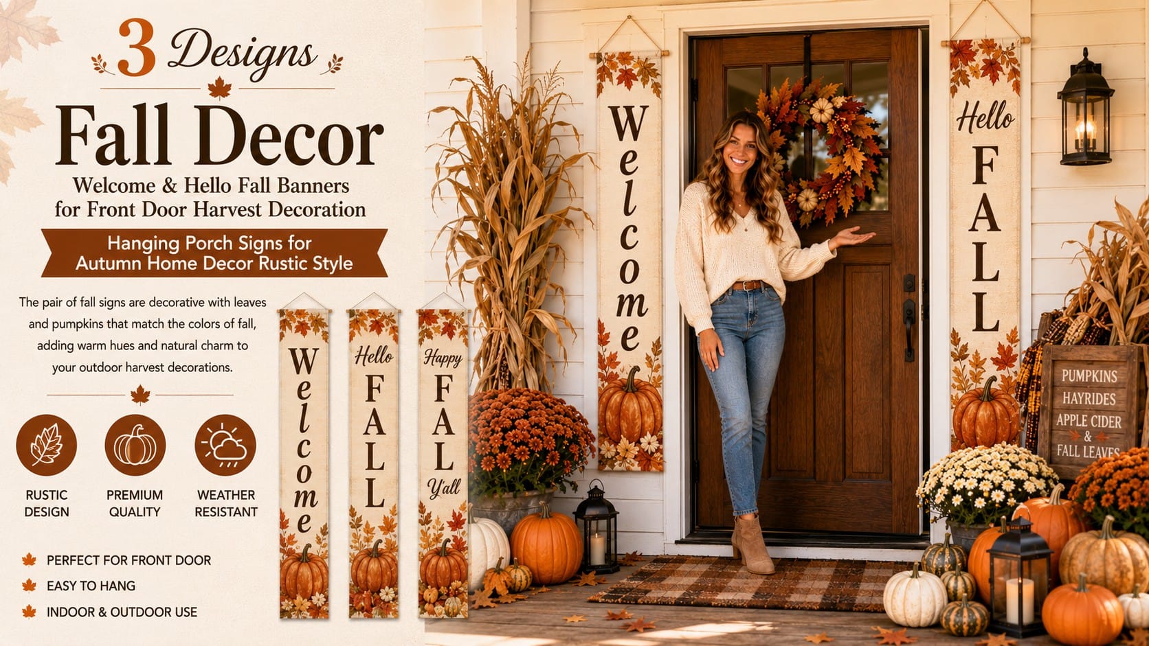 DAZONGE Welcome and Hello Fall hanging porch banners framing a front door with autumn leaves and pumpkins