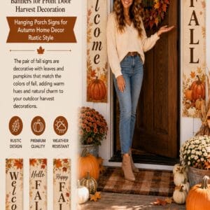 DAZONGE Welcome and Hello Fall porch banners with pumpkins and leaves hanging beside a front door