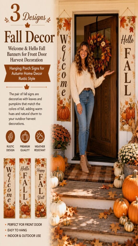 DAZONGE Welcome and Hello Fall porch banners with pumpkins and leaves hanging beside a front door