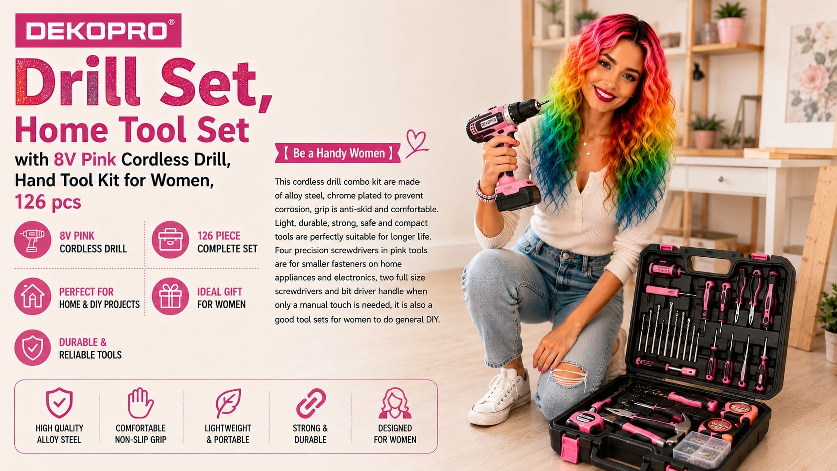 The DEKOPRO Pink Drill Kit: The Cute Power Tool That Makes You Self-Sufficient dekopro hero