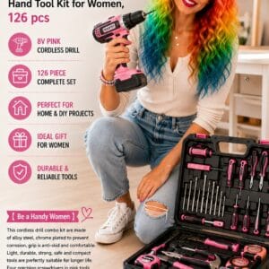 DEKOPRO 126-piece pink home tool set with an 8V cordless drill and tools in a storage case