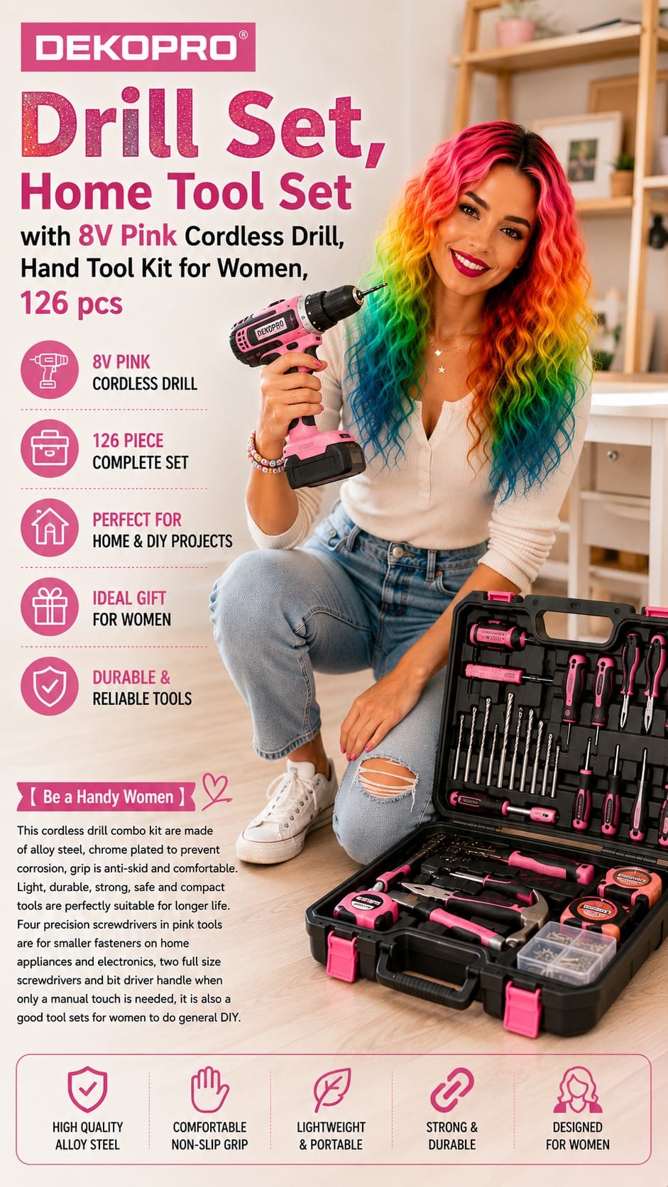 DEKOPRO 126-Piece Pink Tool Set with 8V Cordless Drill DEKOPRO 126-piece pink home tool set with an 8V cordless drill and tools in a storage case