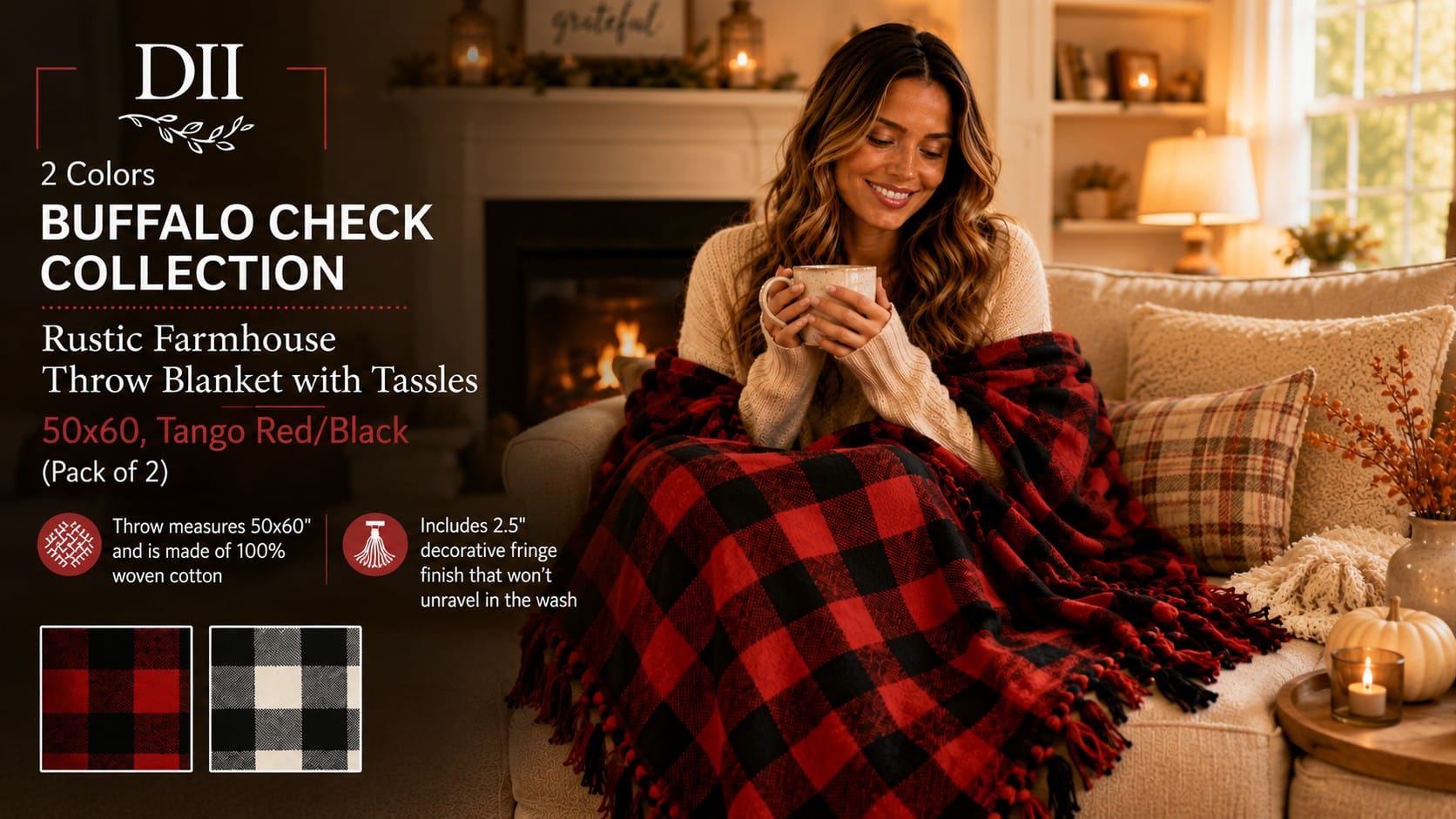Trendy Wendy best fall throw blankets — buffalo check, rust fleece, and faux fur on a cozy farmhouse couch — best fall throw blankets