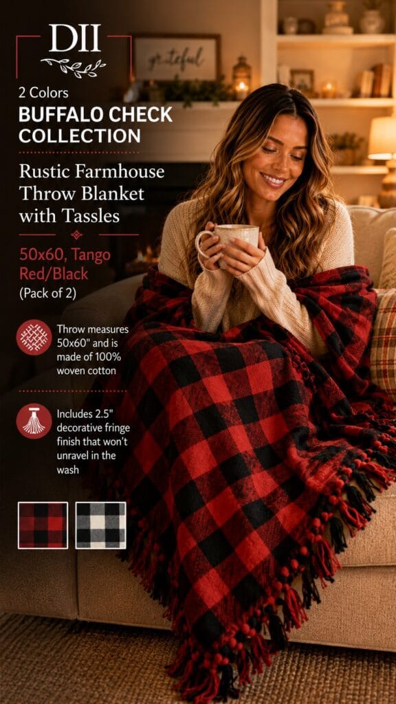 The DII Buffalo Check Throw Blanket: The Classic Farmhouse Layer DII black and white buffalo check throw blanket with tassels on a cozy farmhouse couch — buffalo check throw blanket