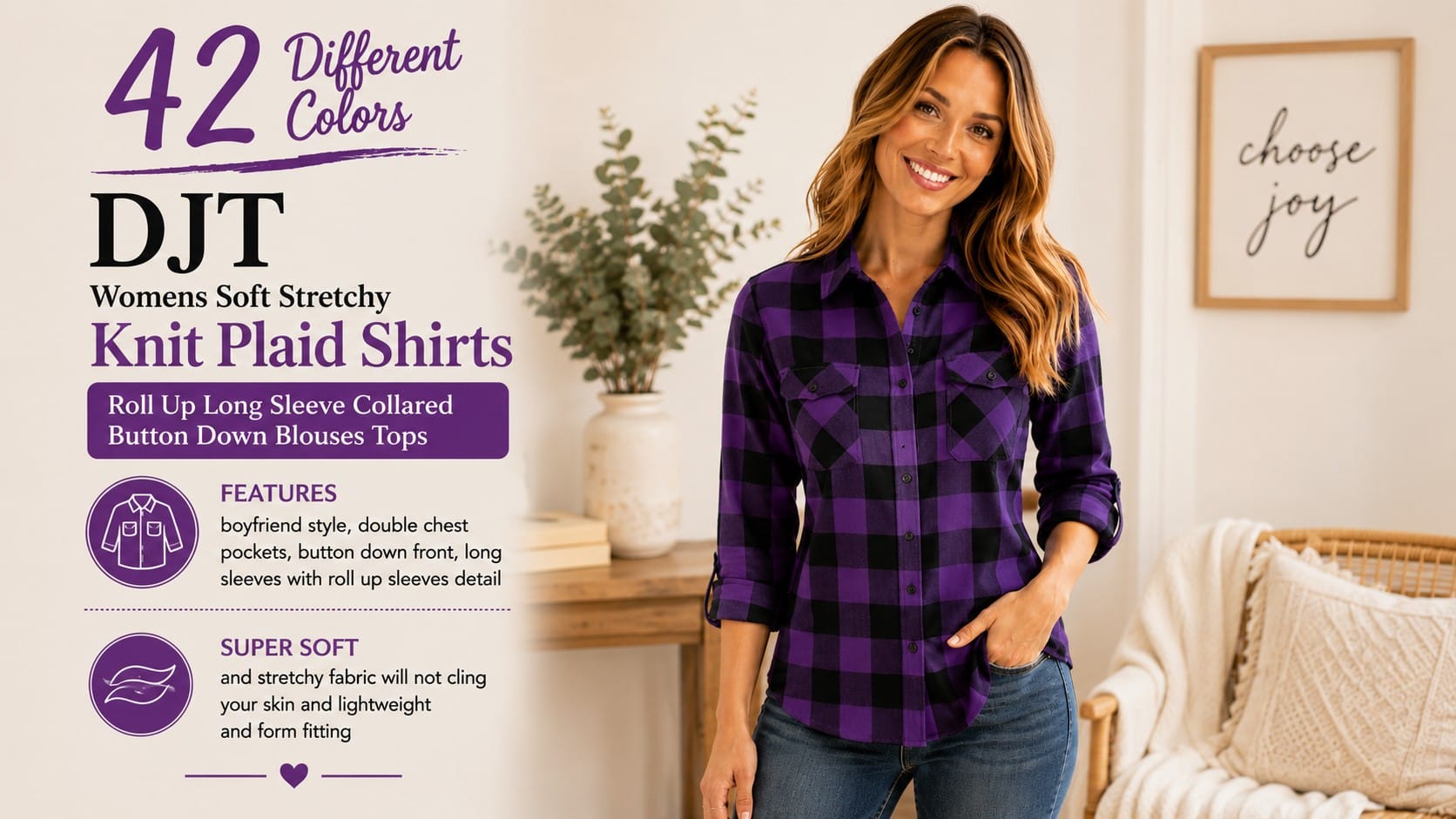 The DJT Soft Stretchy Knit Plaid Shirt: Flannel, But Make It Cozy Trendy Wendy wearing the DJT soft stretchy knit plaid button-down shirt in a cozy fall setting — soft knit plaid shirt