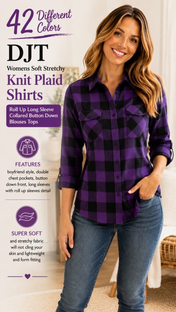 The DJT Soft Stretchy Knit Plaid Shirt: Flannel, But Make It Cozy Trendy Wendy wearing the DJT soft stretchy knit plaid button-down shirt in a cozy fall setting — soft knit plaid shirt