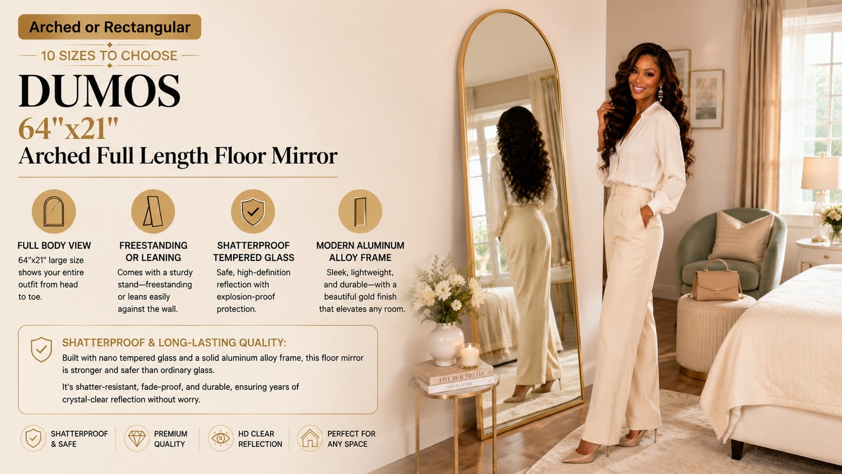 DUMOS 64 by 21 inch arched full-length floor mirror with a gold aluminum frame leaning in a bedroom corner