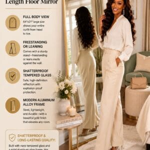 DUMOS gold arched full length floor mirror leaning against a bedroom wall for full-body reflection