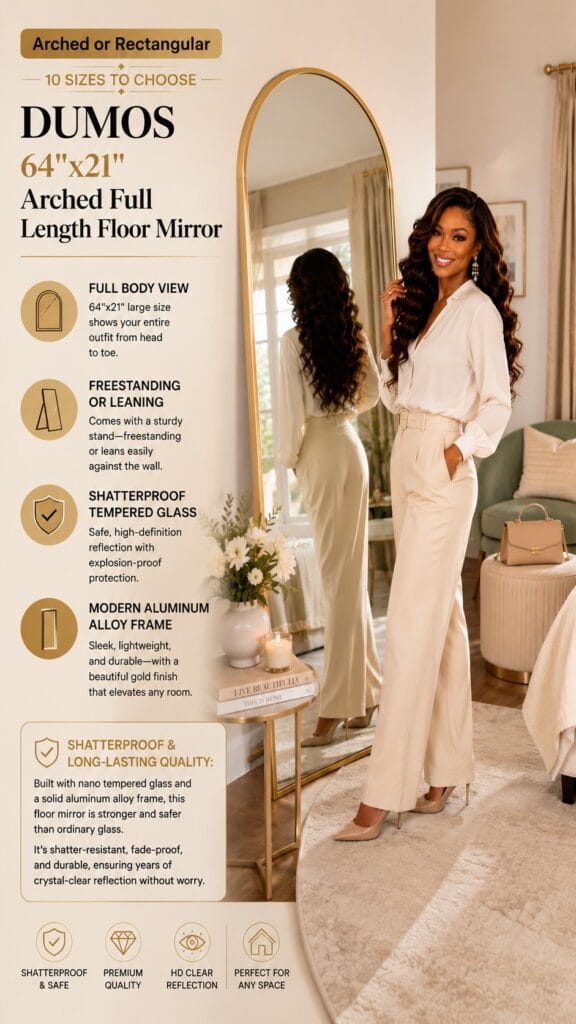DUMOS Arched Floor Mirror Review: The One Piece Every Bedroom Is Missing DUMOS gold arched full length floor mirror leaning against a bedroom wall for full-body reflection