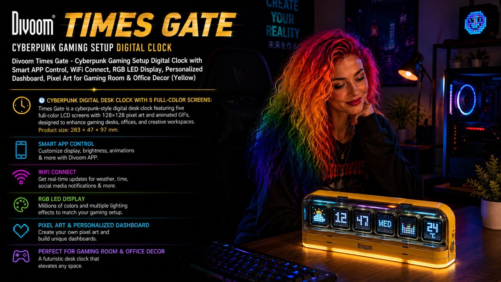 The Divoom Times Gate Cyberpunk Clock: The Pixel-Art Showpiece for Your Desk Divoom Times Gate cyberpunk pixel-art clock display glowing on a gaming desk — Divoom Times Gate clock