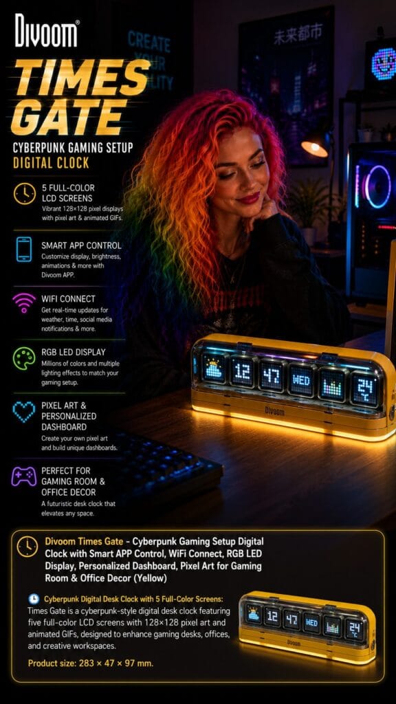 The Divoom Times Gate Cyberpunk Clock: The Pixel-Art Showpiece for Your Desk Divoom Times Gate cyberpunk pixel-art clock display glowing on a gaming desk — Divoom Times Gate clock