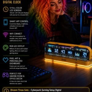 Divoom Times Gate yellow cyberpunk pixel art digital clock with five LCD screens on a gaming desk