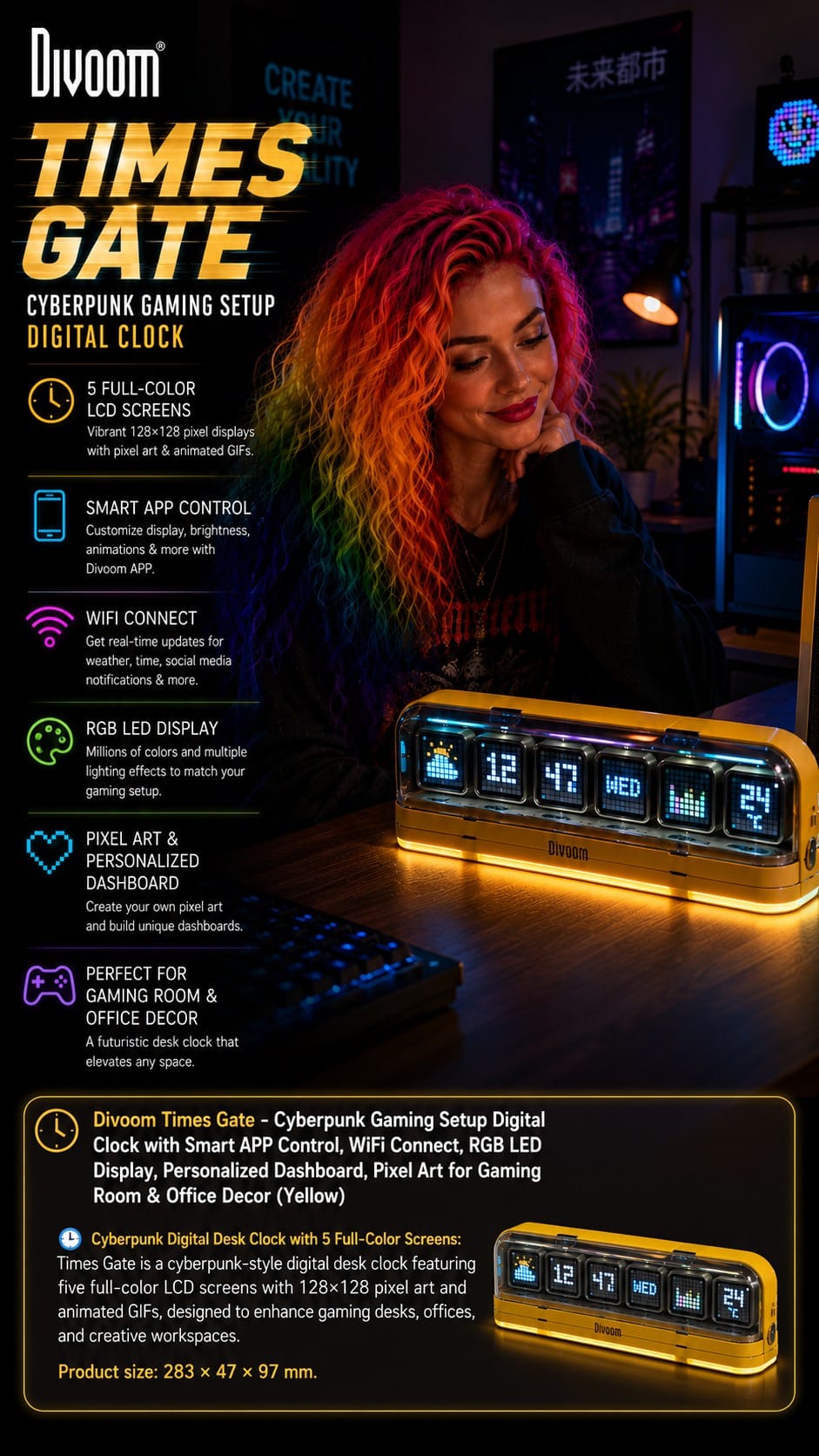 Divoom Times Gate Pixel Art Digital Clock, Yellow Divoom Times Gate yellow cyberpunk pixel art digital clock with five LCD screens on a gaming desk