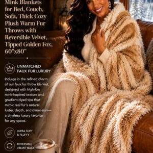 EVERGRACEHOME tipped golden fox faux fur throw blanket with reversible velvet back draped over a bed