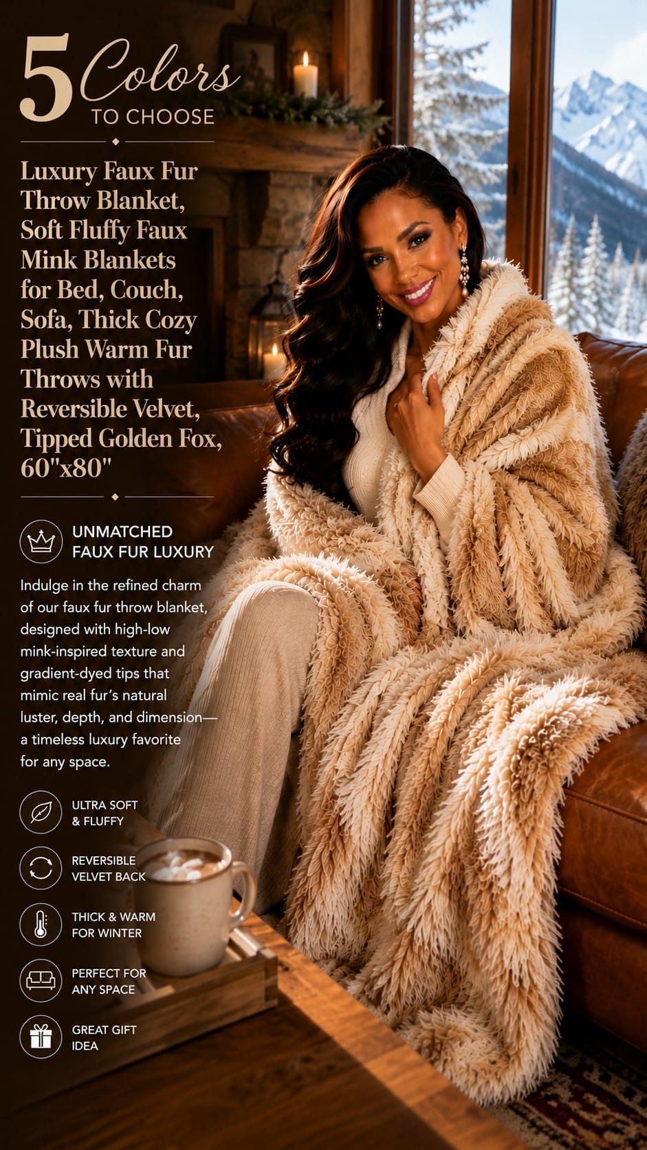 EVERGRACEHOME Luxury Faux Fur Throw Blanket, Tipped Golden Fox 60x80 EVERGRACEHOME tipped golden fox faux fur throw blanket with reversible velvet back draped over a bed