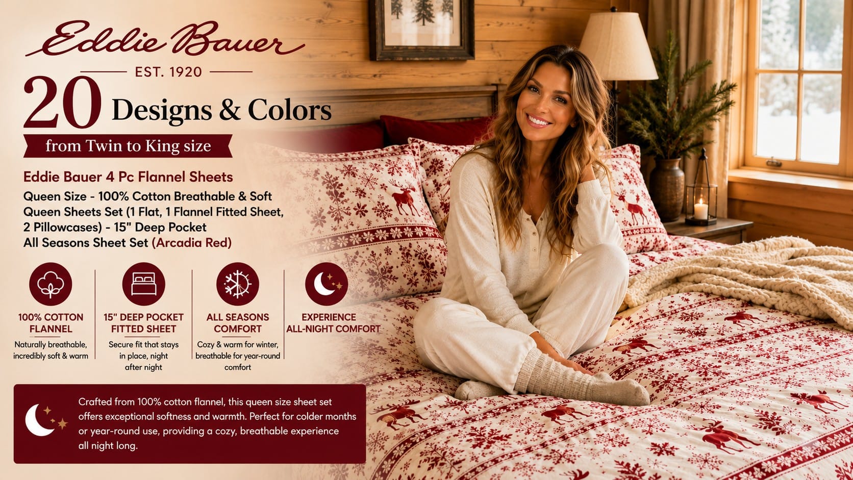 Eddie Bauer four piece flannel sheet set in Arcadia Red plaid on a cozy queen bed