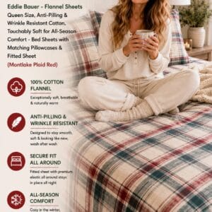Eddie Bauer Montlake Plaid Red cotton flannel sheet set on a made queen bed