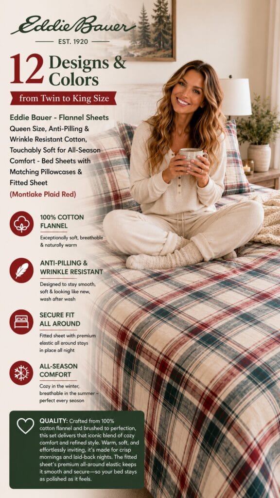 Eddie Bauer Montlake Flannel Sheets Review: The Anti-Pill Ones Eddie Bauer Montlake Plaid Red cotton flannel sheet set on a made queen bed