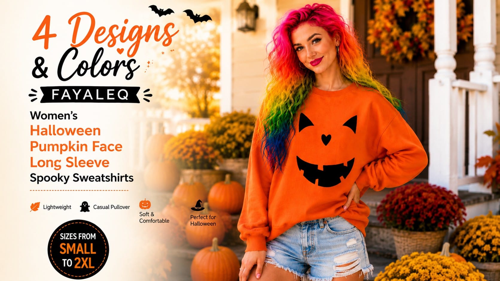 A collection of Halloween graphic sweatshirts featuring pumpkin faces, ghosts, skulls and spooky designs
