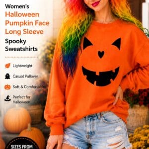 FAYALEQ women's Halloween pumpkin face long sleeve crewneck pullover sweatshirt