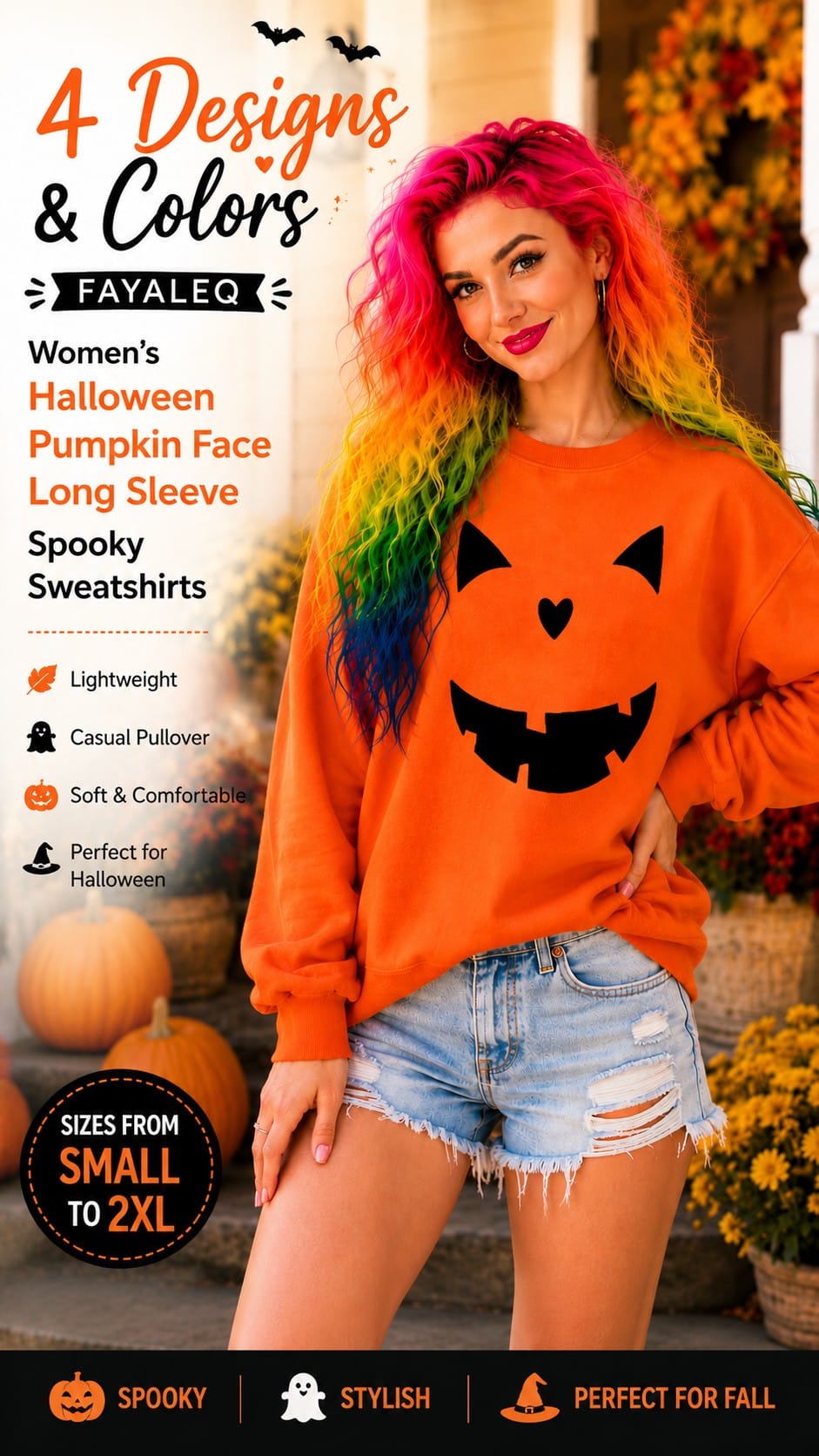 FAYALEQ Women's Halloween Pumpkin Face Sweatshirt FAYALEQ women's Halloween pumpkin face long sleeve crewneck pullover sweatshirt