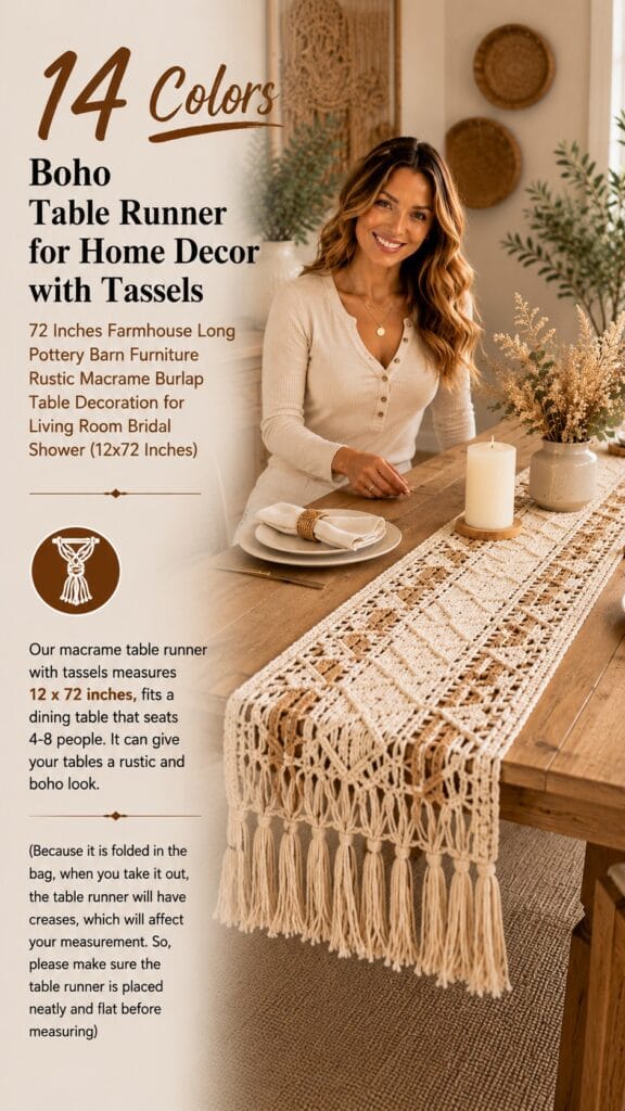 FEXIA boho macrame burlap table runner with tassels on a farmhouse fall table — burlap table runner