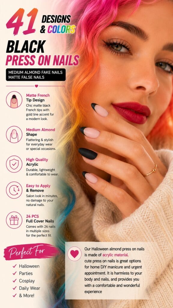 The Black Matte Almond Halloween Press-Ons: Cheap Spooky-Season Nails Black matte almond Halloween press-on nails in a gothic spooky-season look — Halloween press-on nails