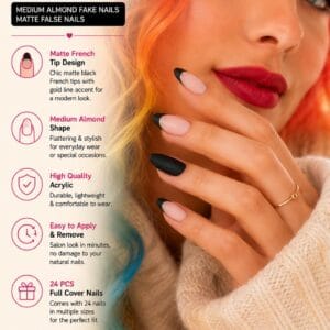 Black matte medium almond French tip press-on nails with designs for Halloween