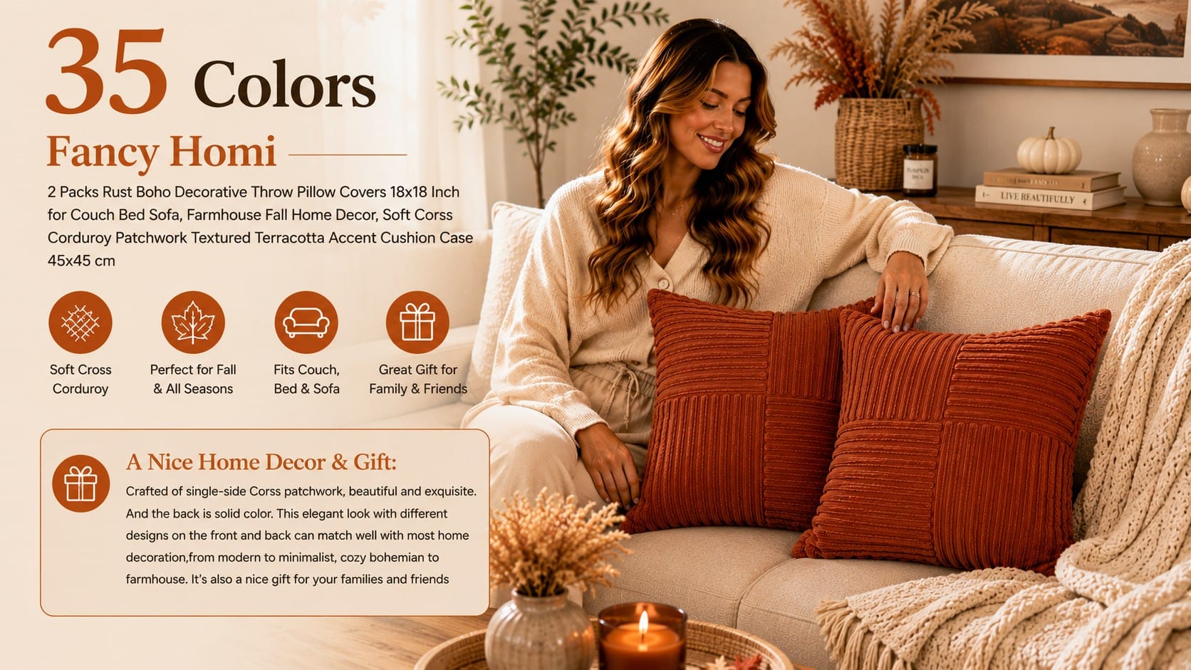 The Fancy Homi Rust Corduroy Patchwork Pillow Covers: Warm Texture Done Right Fancy Homi rust corduroy patchwork pillow covers on a cozy boho farmhouse couch — rust corduroy pillow covers