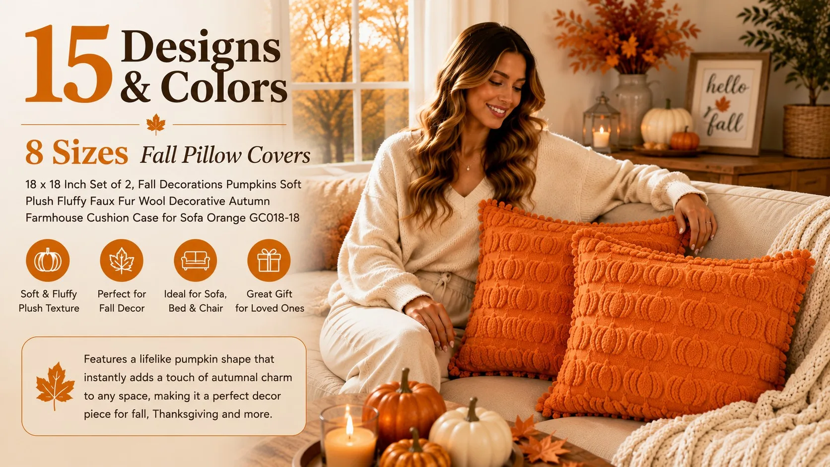 GEEORY faux fur pumpkin pillow covers in neutral beige on a cozy fall couch — faux fur pumpkin pillow covers