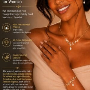 14K gold plated pearl jewelry set with necklace, dangle earrings, and bracelet with CZ accents