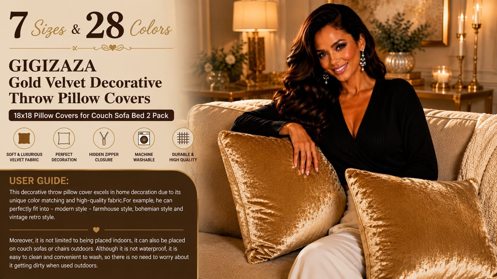 GIGIZAZA gold metallic velvet pillow covers on a glam sofa — GIGIZAZA gold velvet pillow covers