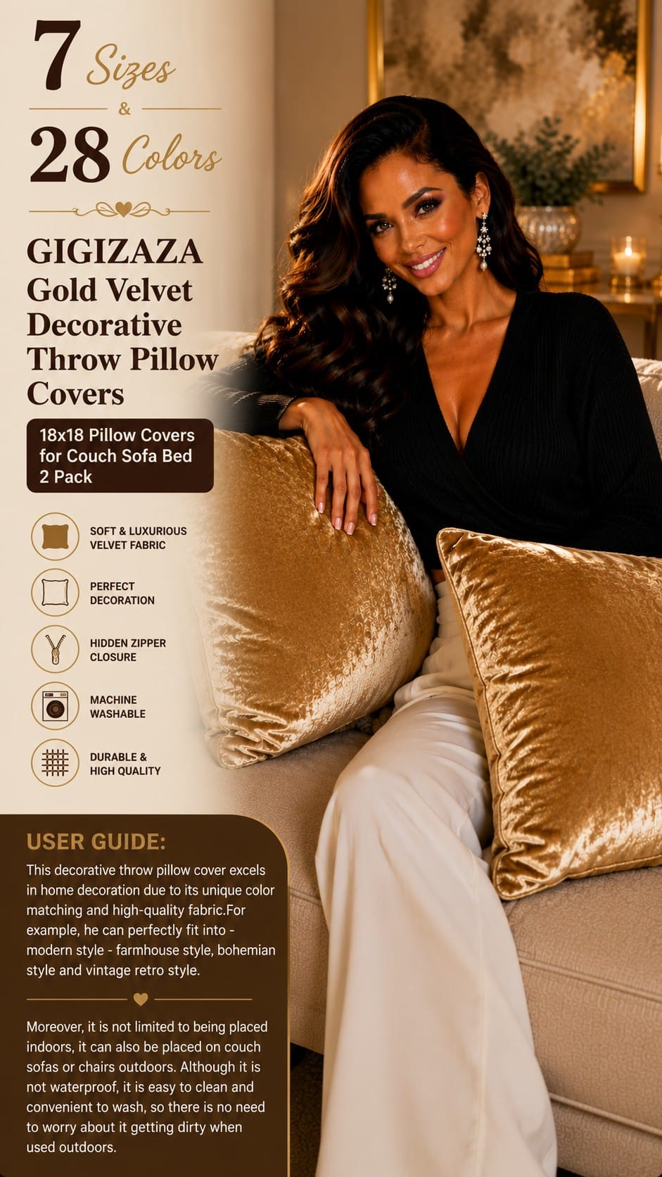 GIGIZAZA Gold Velvet Throw Pillow Covers, Set of 2, 18x18 GIGIZAZA set of 2 gold velvet throw pillow covers styled on a sofa
