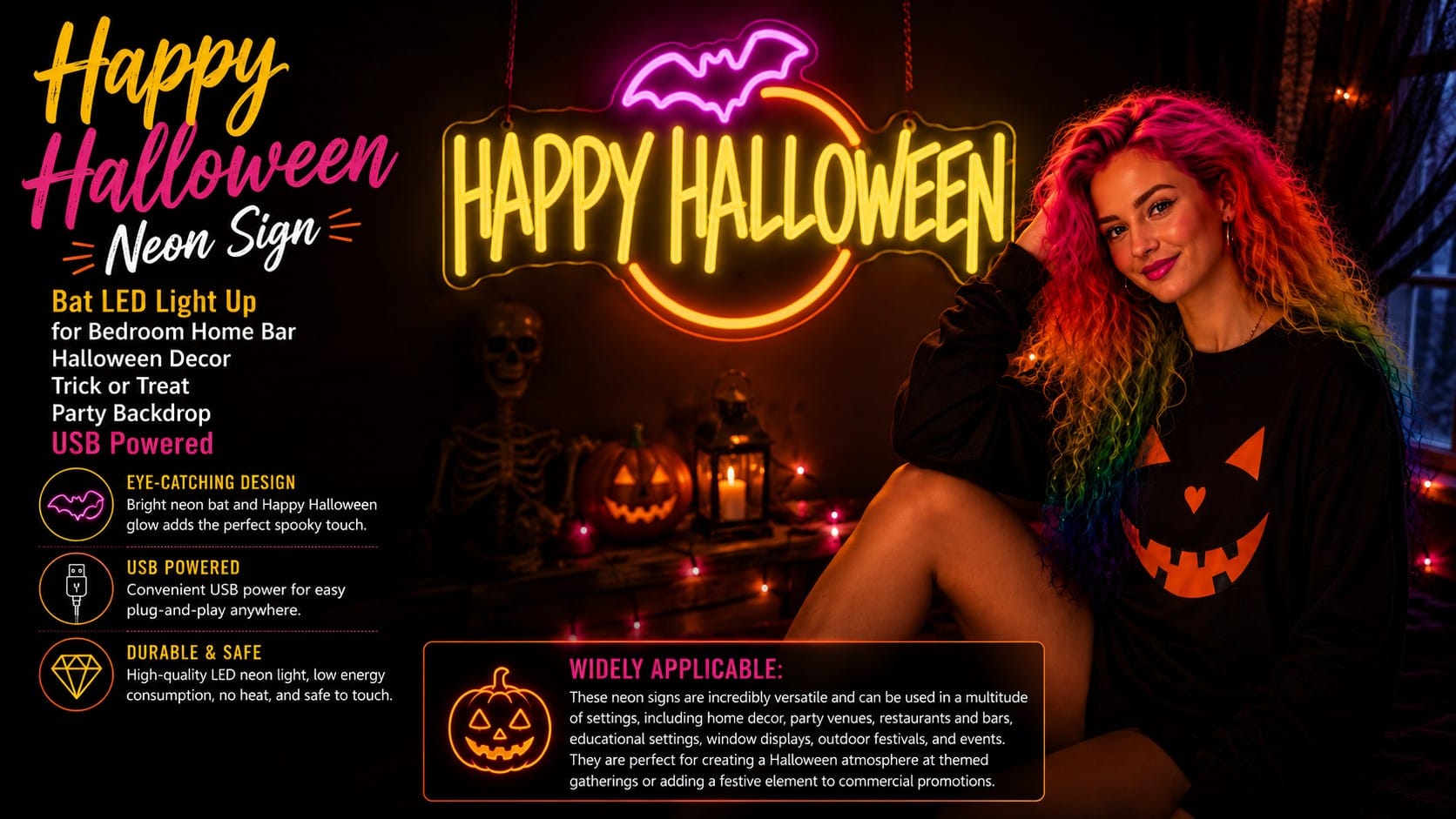 The Gevbay Happy Halloween Neon Sign: Instant Main-Character Halloween Wall Gevbay Happy Halloween LED neon sign with a glowing pink bat and yellow text lighting up a dark bedroom wall