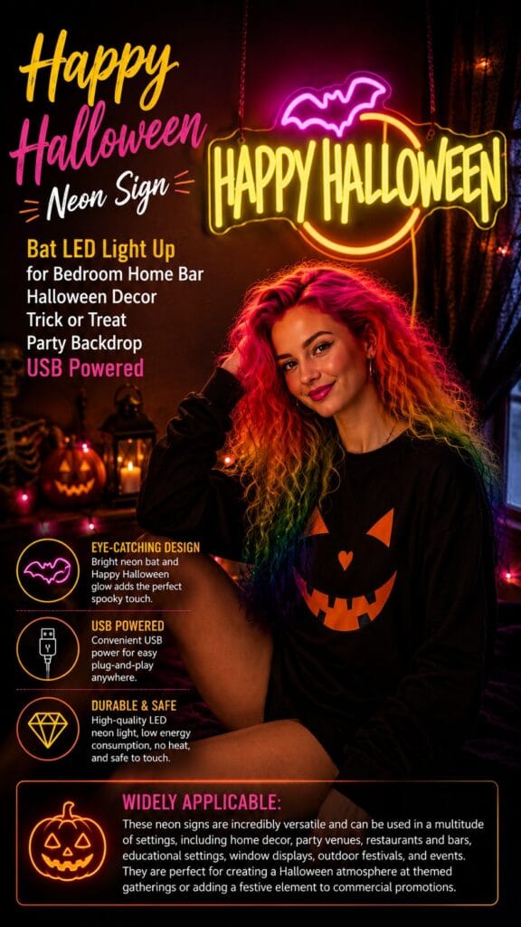 The Gevbay Happy Halloween Neon Sign: Instant Main-Character Halloween Wall Gevbay Happy Halloween LED neon sign with a glowing pink bat and yellow text lighting up a dark bedroom wall