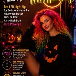 Happy Halloween bat LED neon sign glowing on a wall as spooky party decor