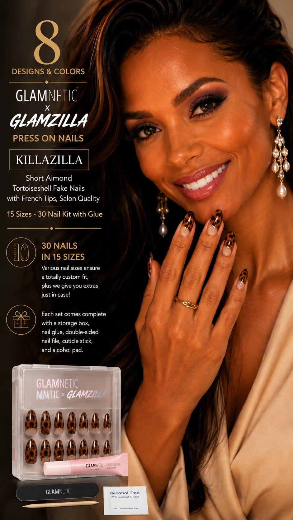 Glamnetic x GLAMZILLA KILLAZILLA Press-On Nails Glamnetic x GLAMZILLA KILLAZILLA short almond press-on nails with tortoiseshell French tips