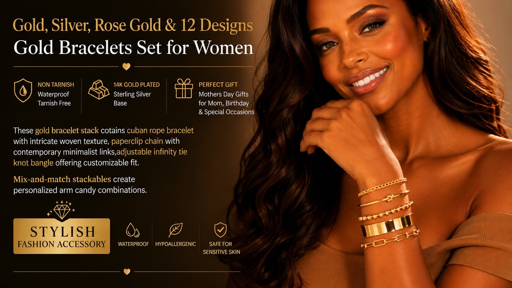 iF YOU chunky stackable gold bangle set stacked on a wrist — iF YOU bangle set