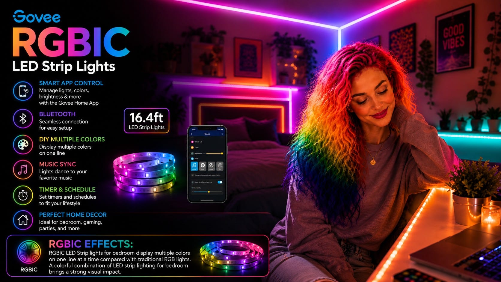 Vivid Vicky best gaming room decor — RGB LED strips, anime neon sign, and pixel-art desk gadgets on a glowing setup — gaming room decor